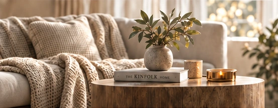 A warm natural living room with scent objects on a wooden table